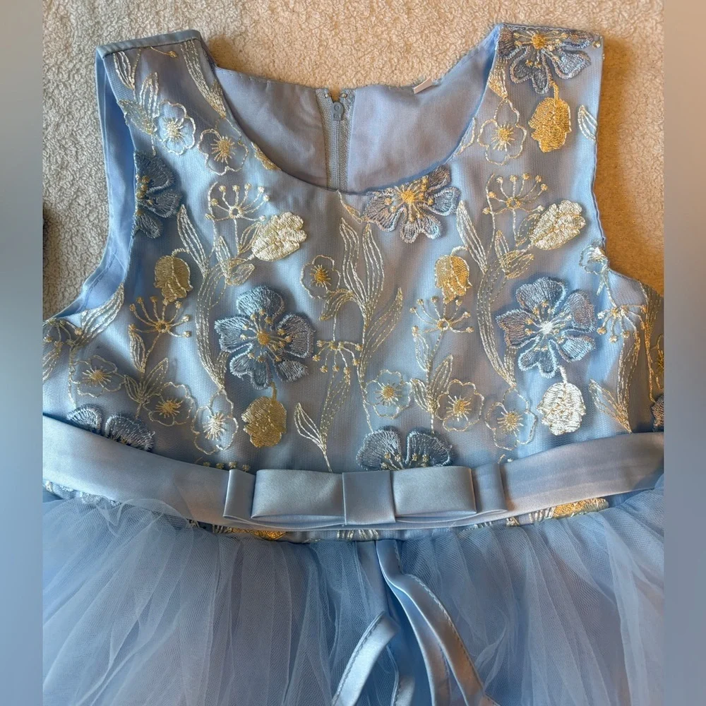 Elegant Blue Floral Dress with Tulle Skirt, Sz 140 (8-10) Easter Birthday